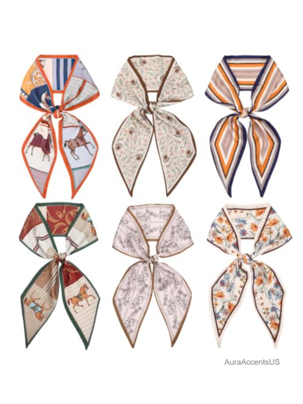 6Pc Polyester Fashion Scarf Set for Handbags Head Hair Neck Wrap